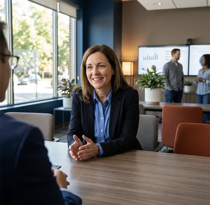 Two women in a modern office setting having a conversation